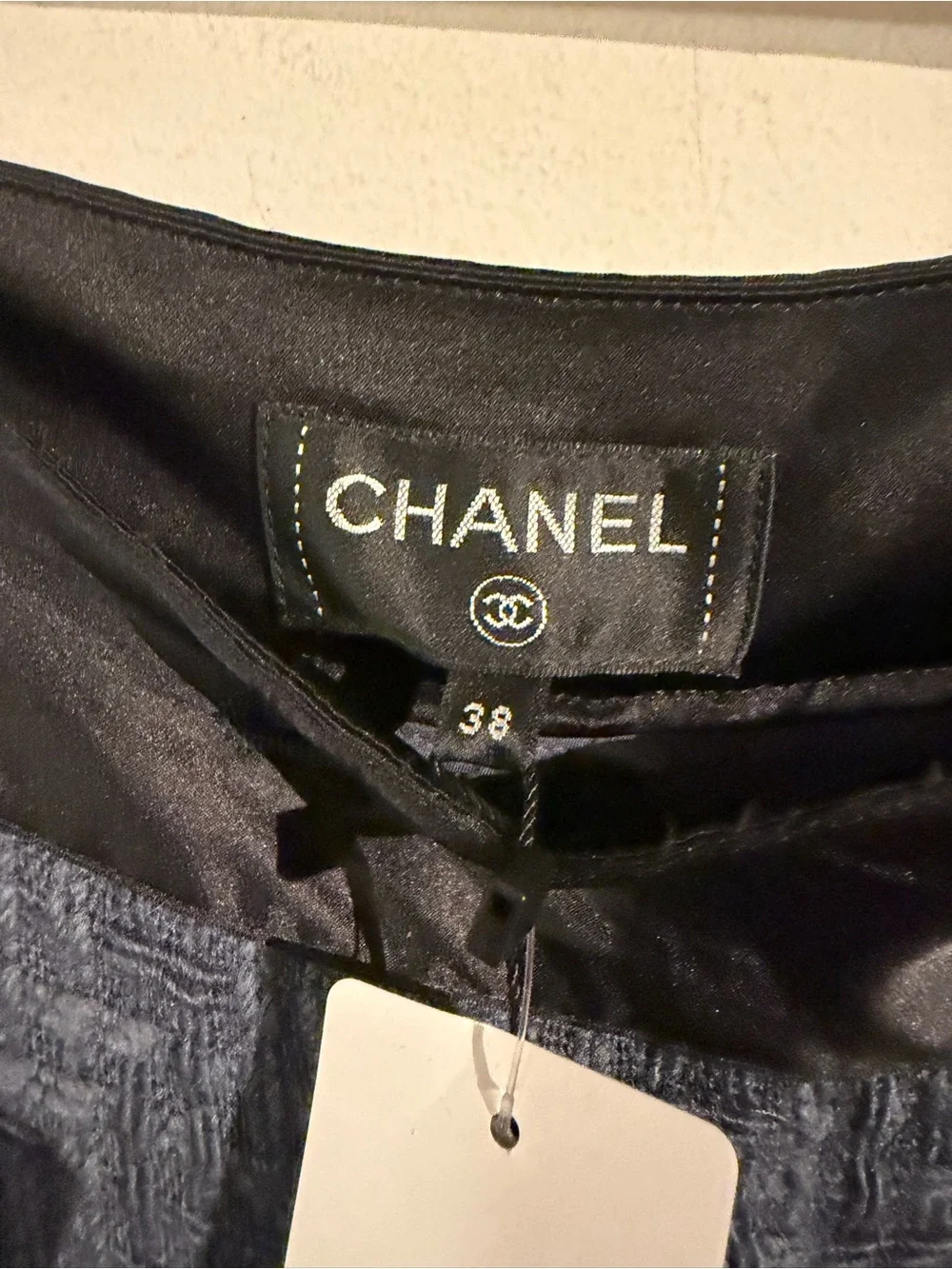 CHANEL Navy Tweed Wide-Leg Pants with Black Satin Waist Tie